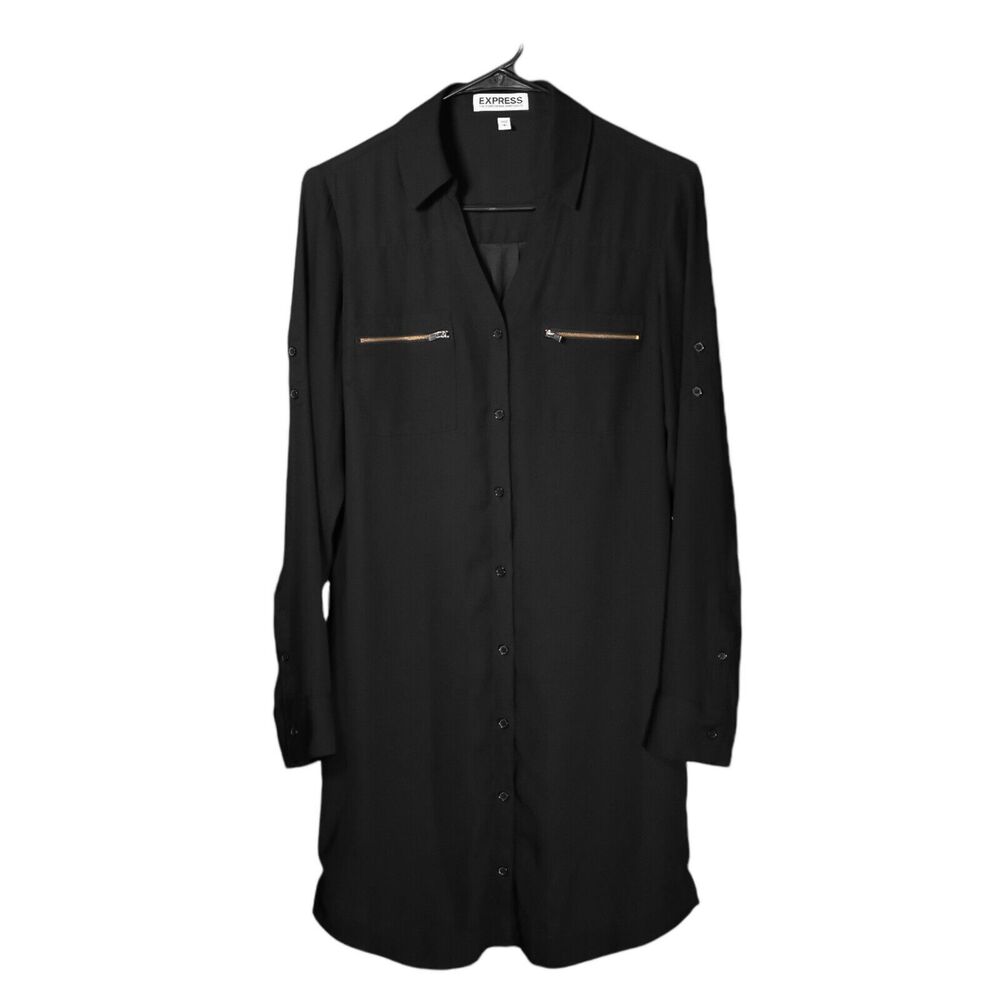 Express Women's Portofino Shirt Dress Button Up Black V-Neck Zipper Lined Size S